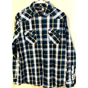 Lee Men's Stretch Regular Fit Plaid Long Sleeve Shirt Large Blue & Yellow